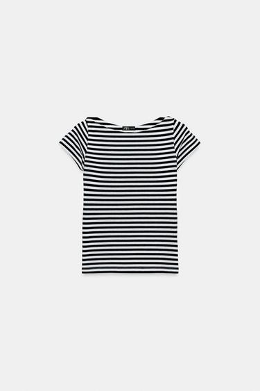 Zara SHORT SLEEVE T-SHIRT - Ecru / Navy