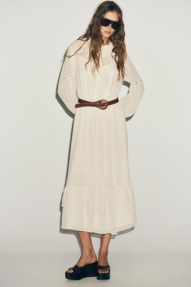 COTTON GAUZE DRESS WITH BELT - Butter by Zara
