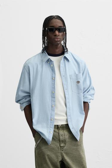 Zara EMBROIDERED DENIM SHIRT - Light blue