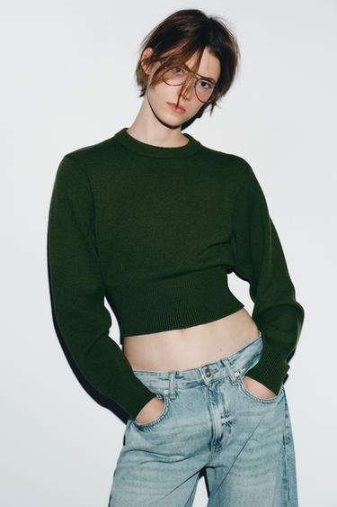Zara CROPPED BASIC KNIT JUMPER - Dark khaki