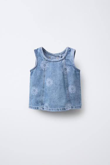Zara FLORAL PRINT DENIM TOP - Light blue