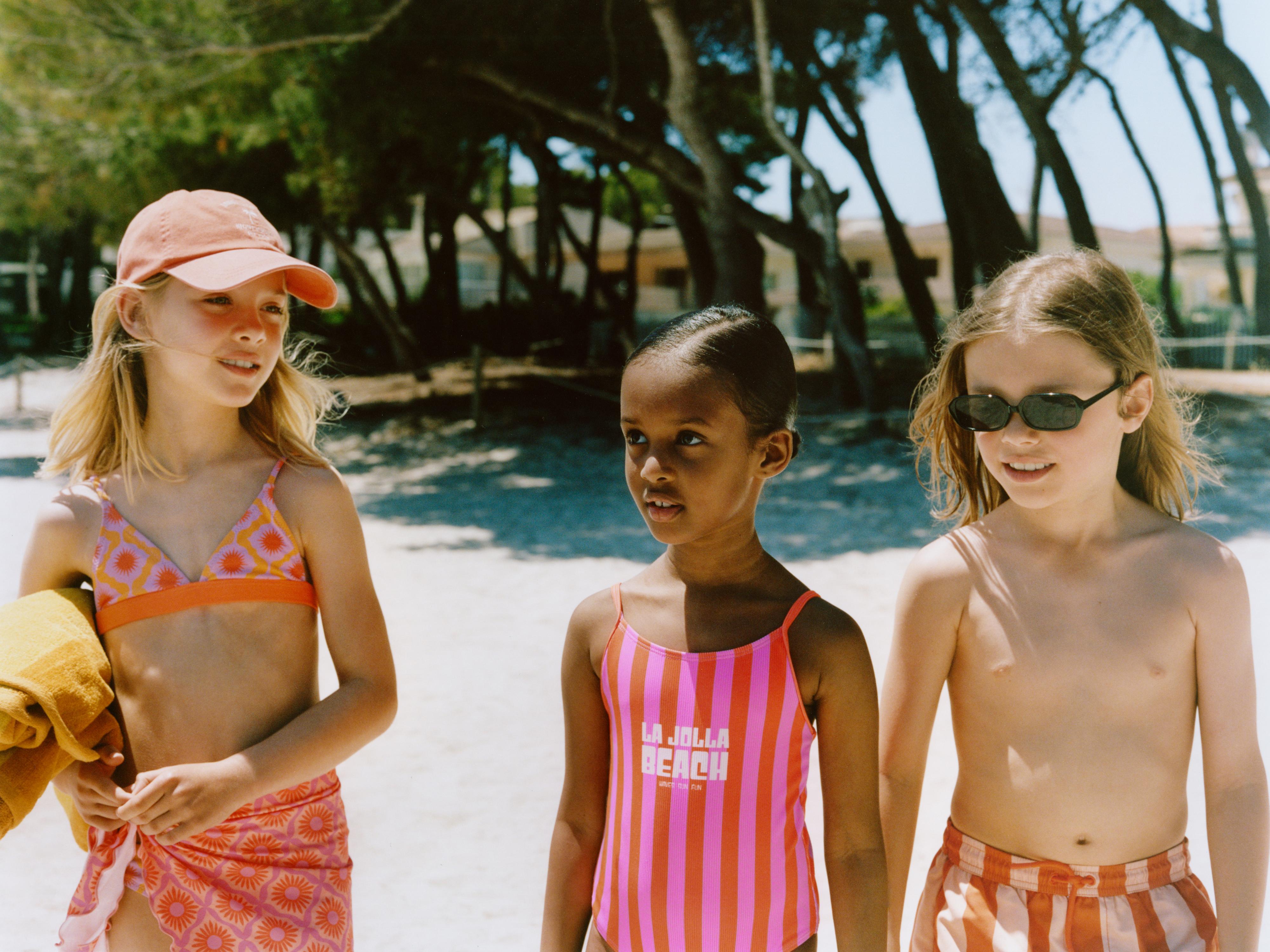 6-14 YEARS / STRIPED TEXT LA JOLLA BEACH SWIMSUIT — Neon orange