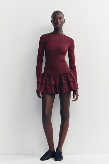 SHORT RUFFLED DRESS - Burgundy by Zara - Image 0
