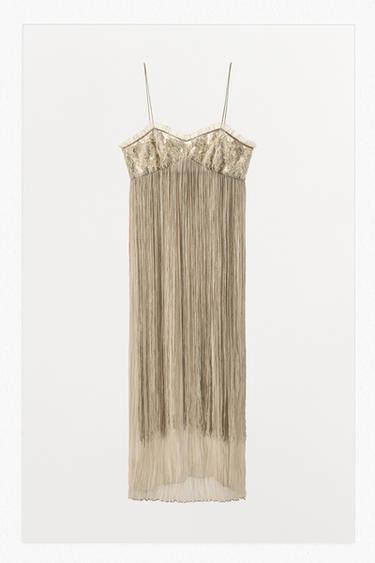 VESTIDO COMBINADO BORDADOS COM FRANJAS - Branco-marfim da Zara