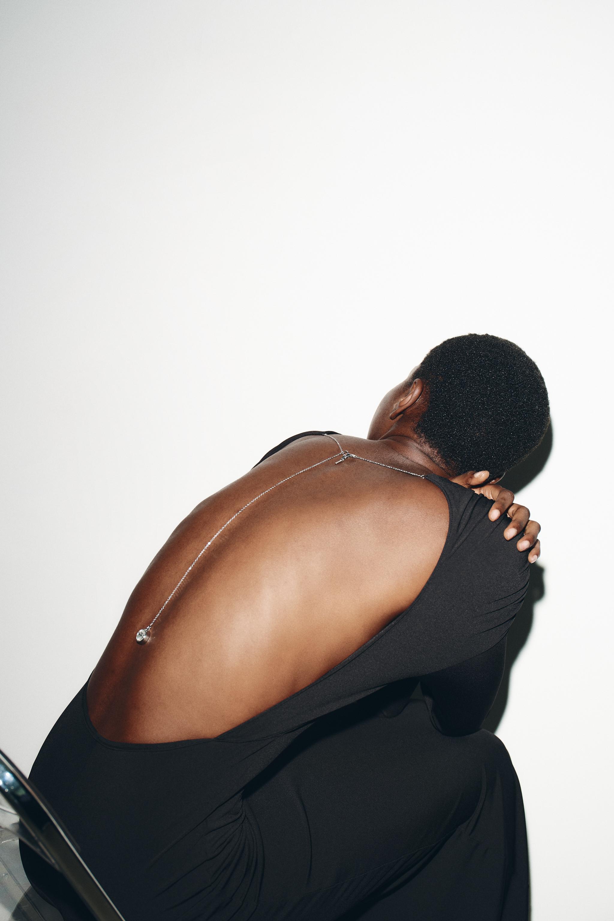 DRAPED MIDI DRESS WITH JEWEL BACK DETAIL