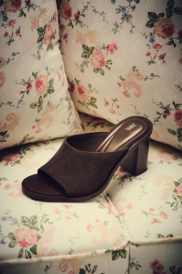 Zara 真皮粗跟涼鞋 - 棕色