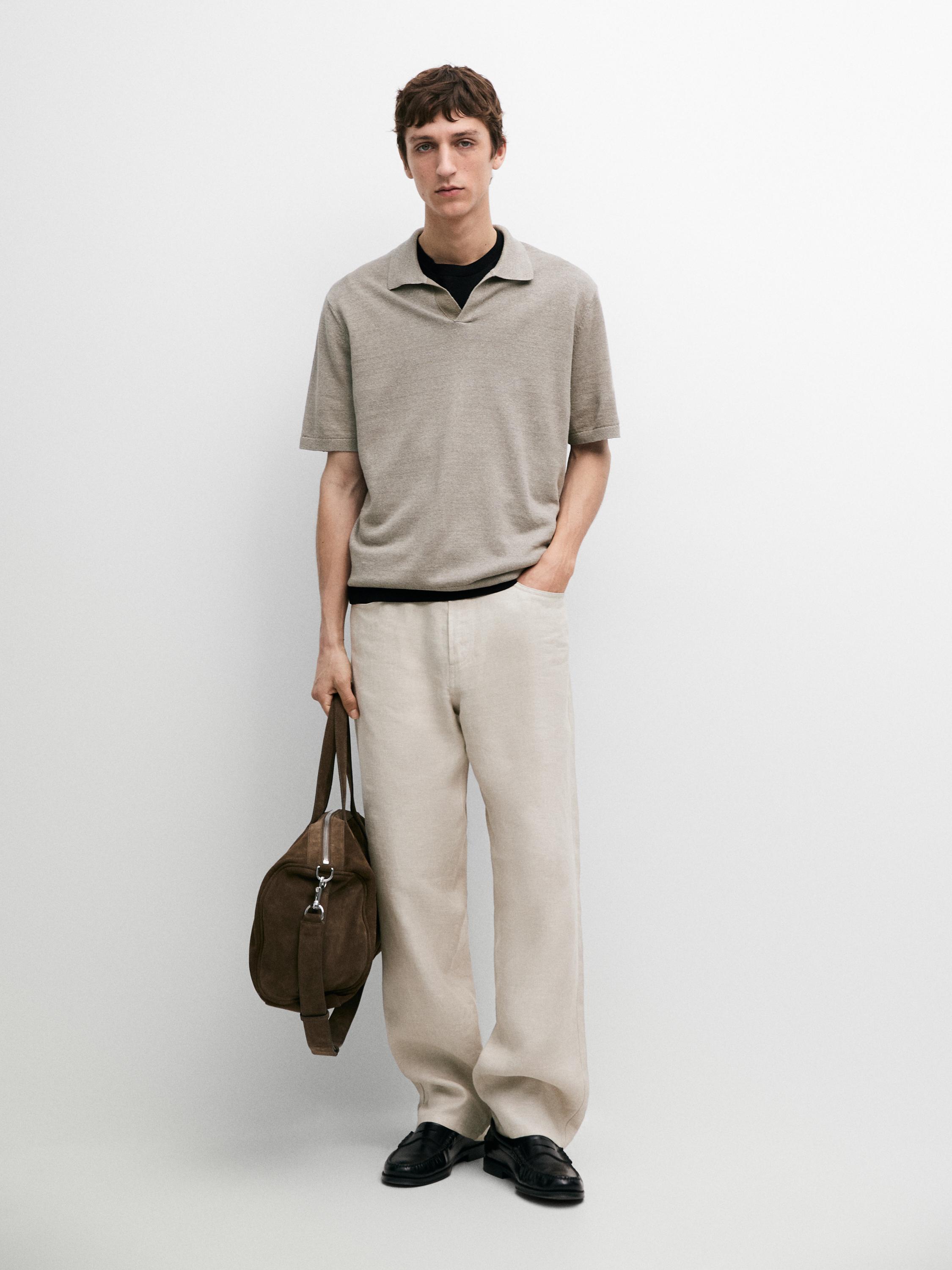 Linen V-neck polo sweater — Gray / Natural