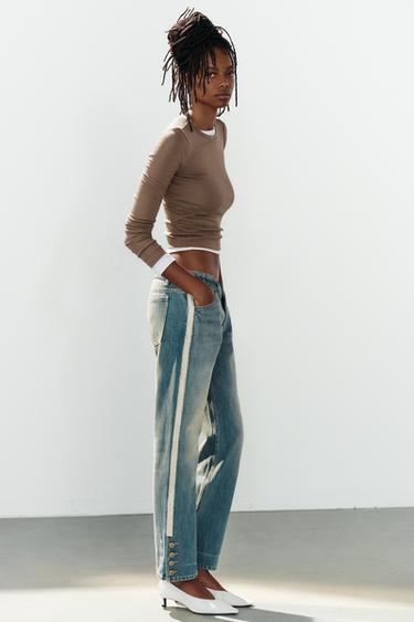 JEAN DROIT DENIM TRF BANDES LATÉRALES TAILLE MI-HAUTE - Bleu de Zara