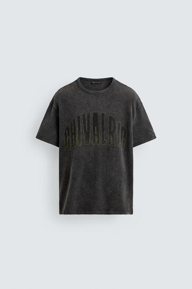 Zara WASHED PRINT KNIT T-SHIRT - Black