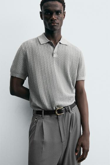 Zara TEXTURED KNIT POLO SHIRT - Gray marl