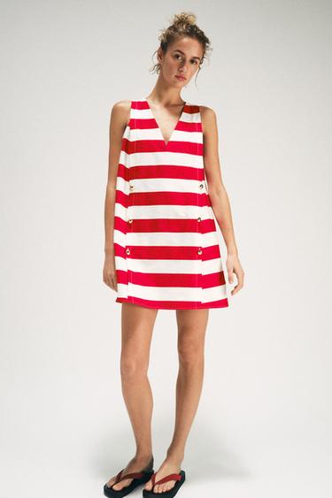 Zara STRIPED MINI DRESS - White / Red
