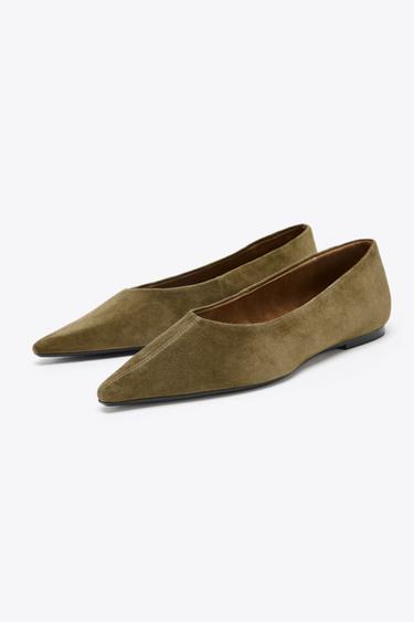 POINTED SPLIT SUEDE BALLET FLATS - Olive Green by Zara - Image 2