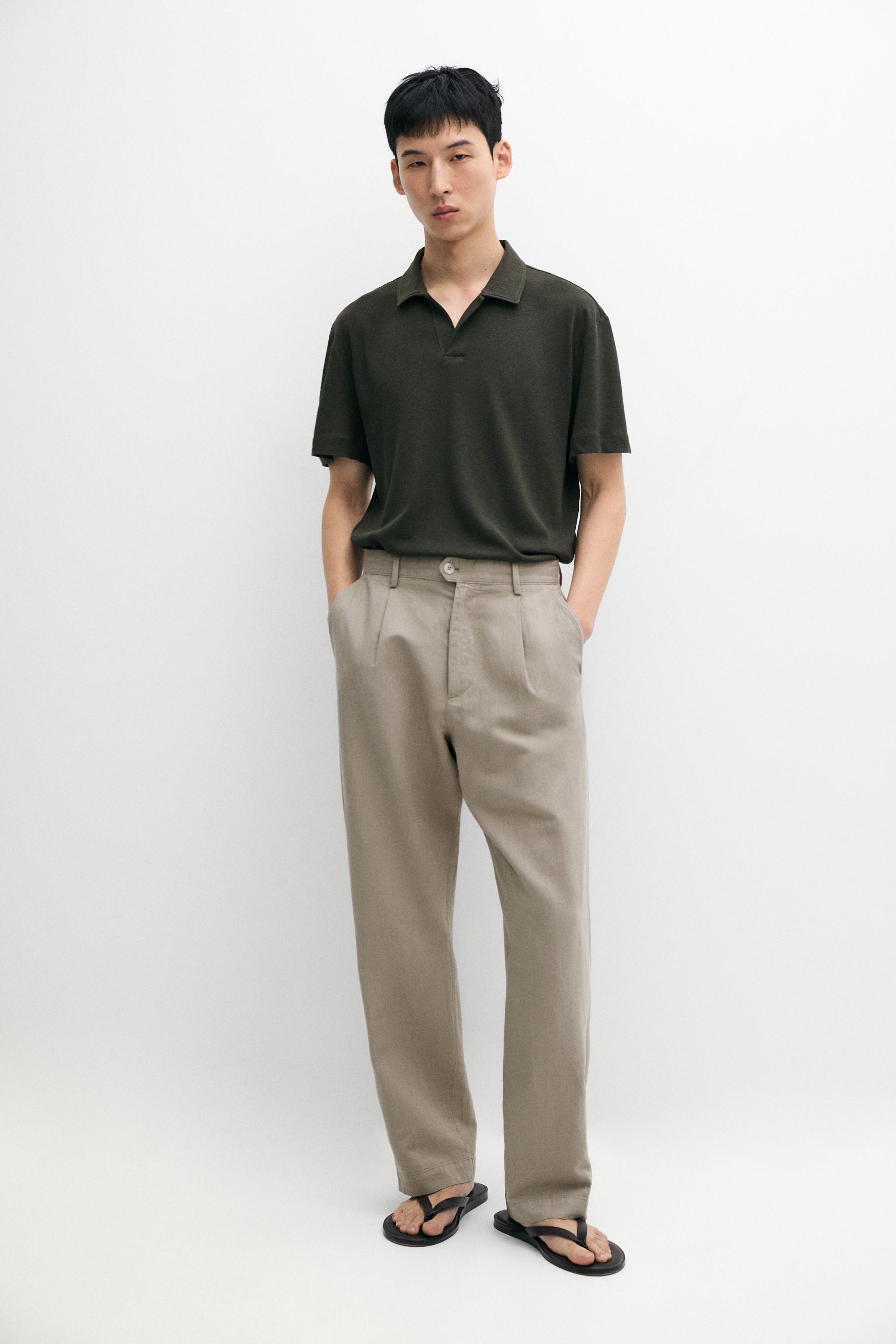 Short sleeve linen cotton polo shirt — Dark green
