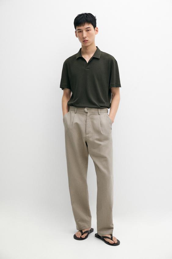 Polo manches courtes lin coton - Vert foncé de Zara - Image 0
