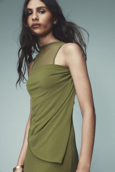 VESTIDO COMBINADO DRAPEADO - Verde-musgo da Zara