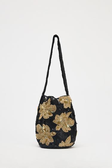 PETIT SAC SEAU BRODÉ FLEURS - Noir de Zara