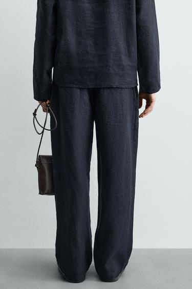 PANTALON COUPE LARGE À PLIS 100% CHANVRE - Bleu marine foncé de Zara - Image 2