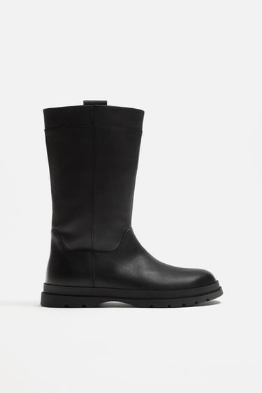 Zara MID CALF LEATHER BOOTS - Black