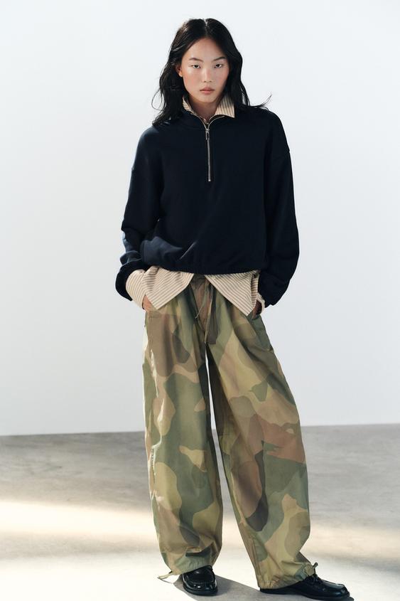 Zara PRINTED WIDE-LEG DRAWSTRING PANTS - Khaki - Image 0