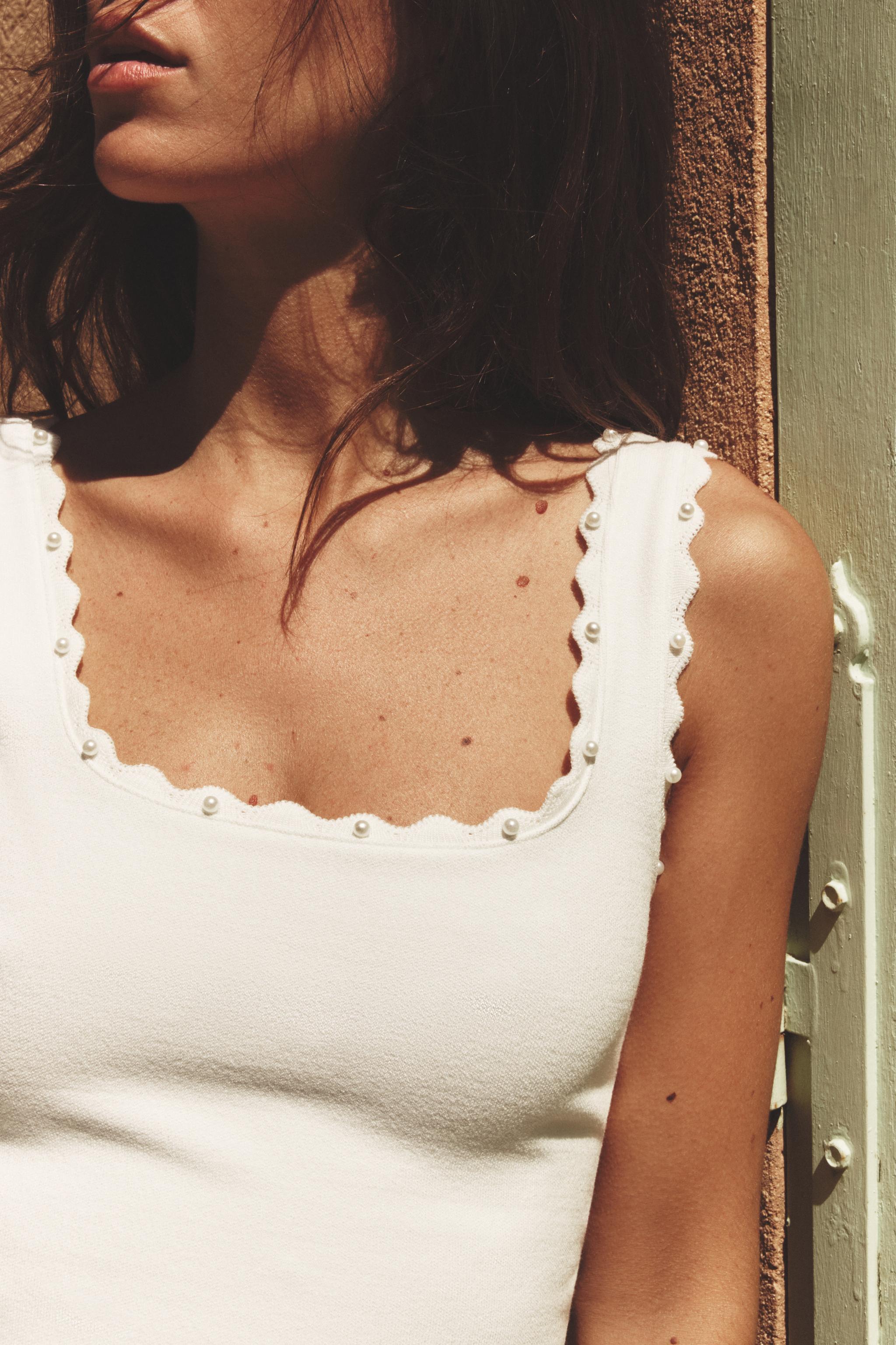 KNITTED TOP WITH FAUX PEARLS - Oyster-white | ZARA Spain