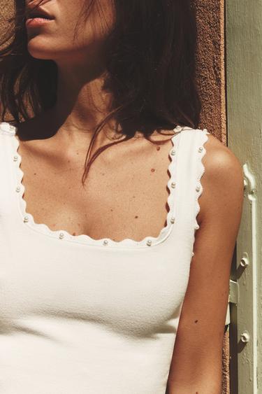 Zara PEARL KNIT TOP - Oyster-white