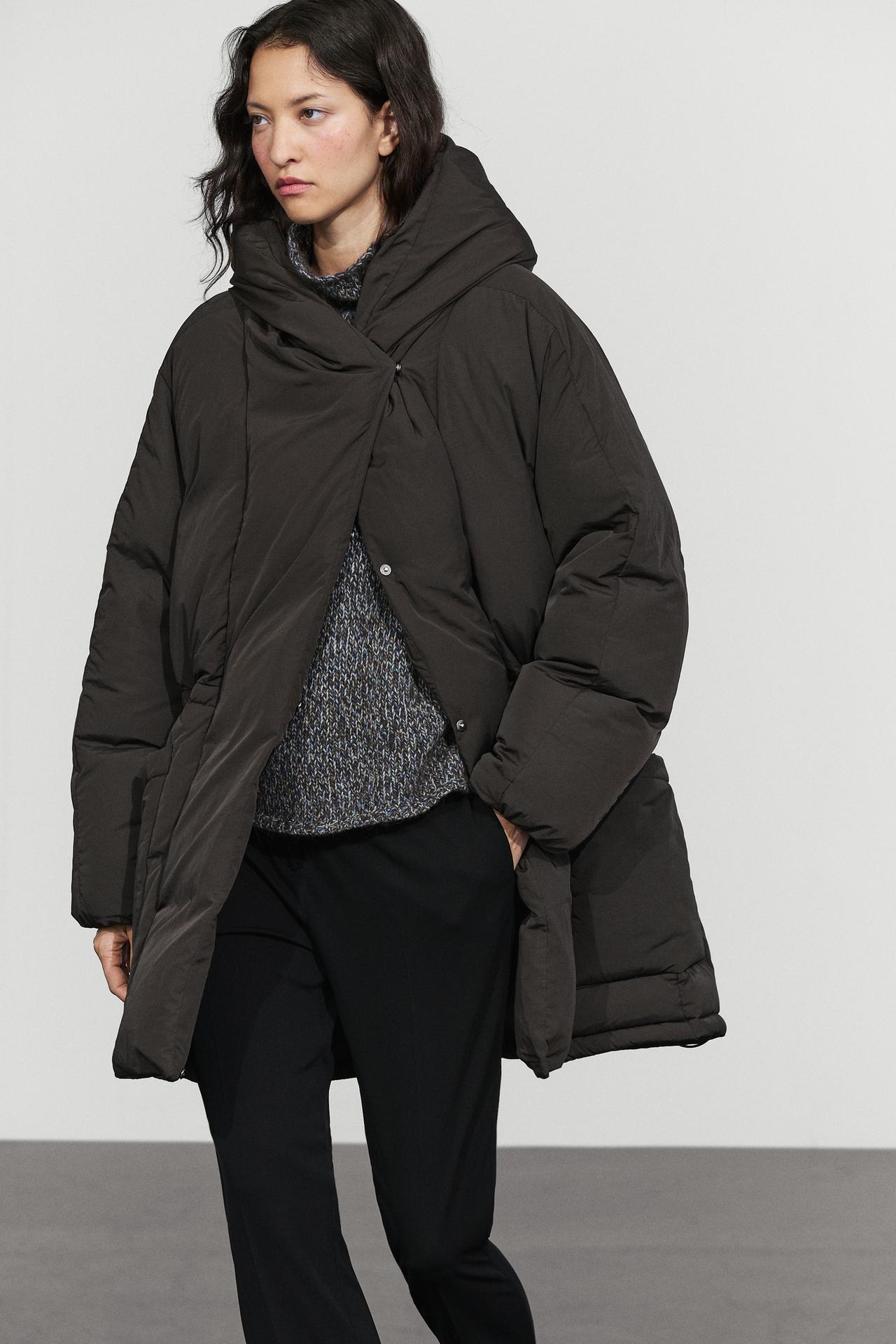 Suede puffer jacket with hood detail — Black gold