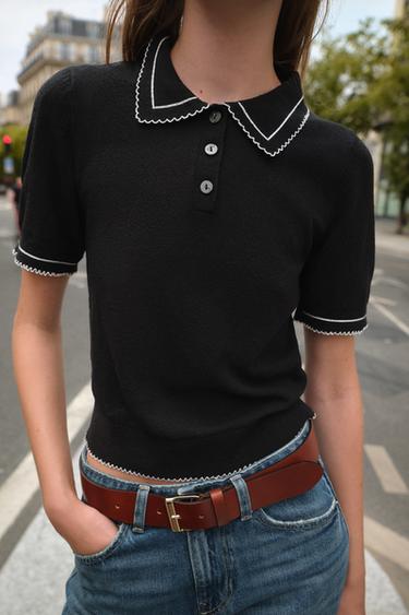 TOP POLO POINT SURPIQÛRES CONTRASTE - Noir de Zara - Image 2