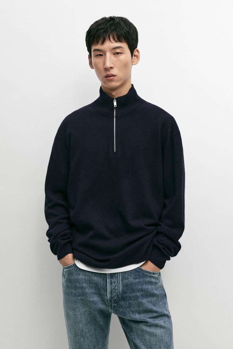 Mock neck knit sweater with zip — Navy blue
