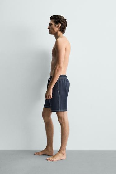 LONG SWIMMING TRUNKS WITH CONTRAST TOPSTITCHING - Navy blue by Zara - Image 4