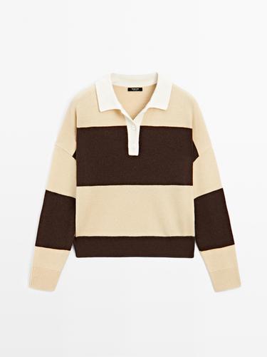Pull polo à rayures en laine mélangée - Jaune de Zara