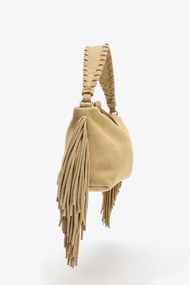 MINI SAC À FRANGES EN CUIR VELOURS - SABLE/MARRON de Zara - Image 5