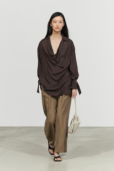 Zara 100% Silk Draped Neckline Flowy Shirt - Brown - Image 0