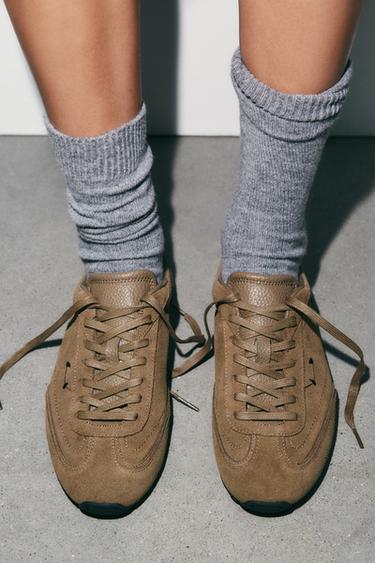 LEATHER SNEAKERS - Khaki Green by Zara