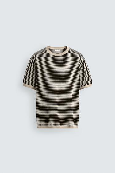 STRIPED COTTON - LINEN KNIT T-SHIRT - Ecru / Black by Zara