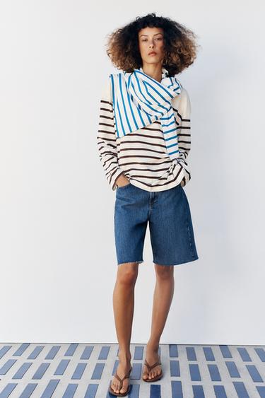 CAMISETA RAYAS ALGODÓN Y LINO - Crudo / Marrón de Zara