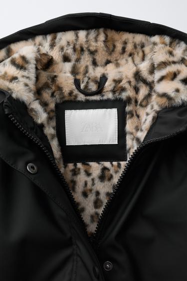 WATER-REPELLENT COATED JACKET WITH FAUX FUR ANIMAL PRINT - Black by Zara - Image 6