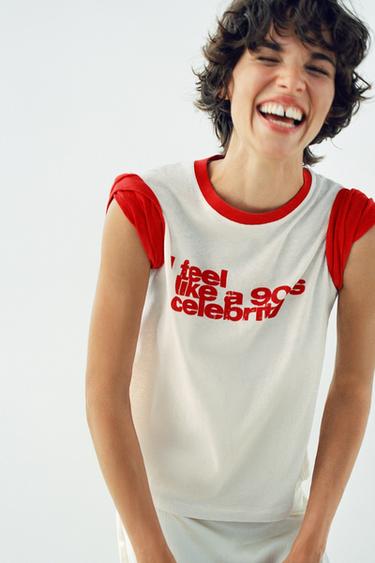 RETRO TEXT T-SHIRT - White / Red by Zara