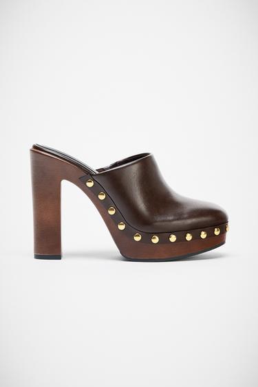 STUDDED HIGH-HEEL CLOGS - Chocolate Brown by Zara