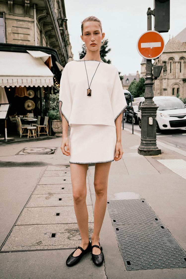 FALDA PUNTO BORDADOS CONTRASTE Blanco ZARA España