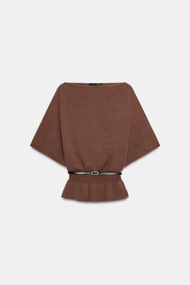 KNITTED CAPE TOP WITH BELT - Brown by Zara - Image 2