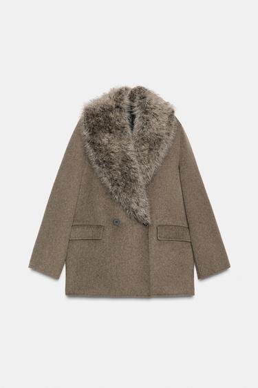 WOOL BLEND JACKET WITH FAUX FUR COLLAR ZW COLLECTION - Brown / Taupe by Zara
