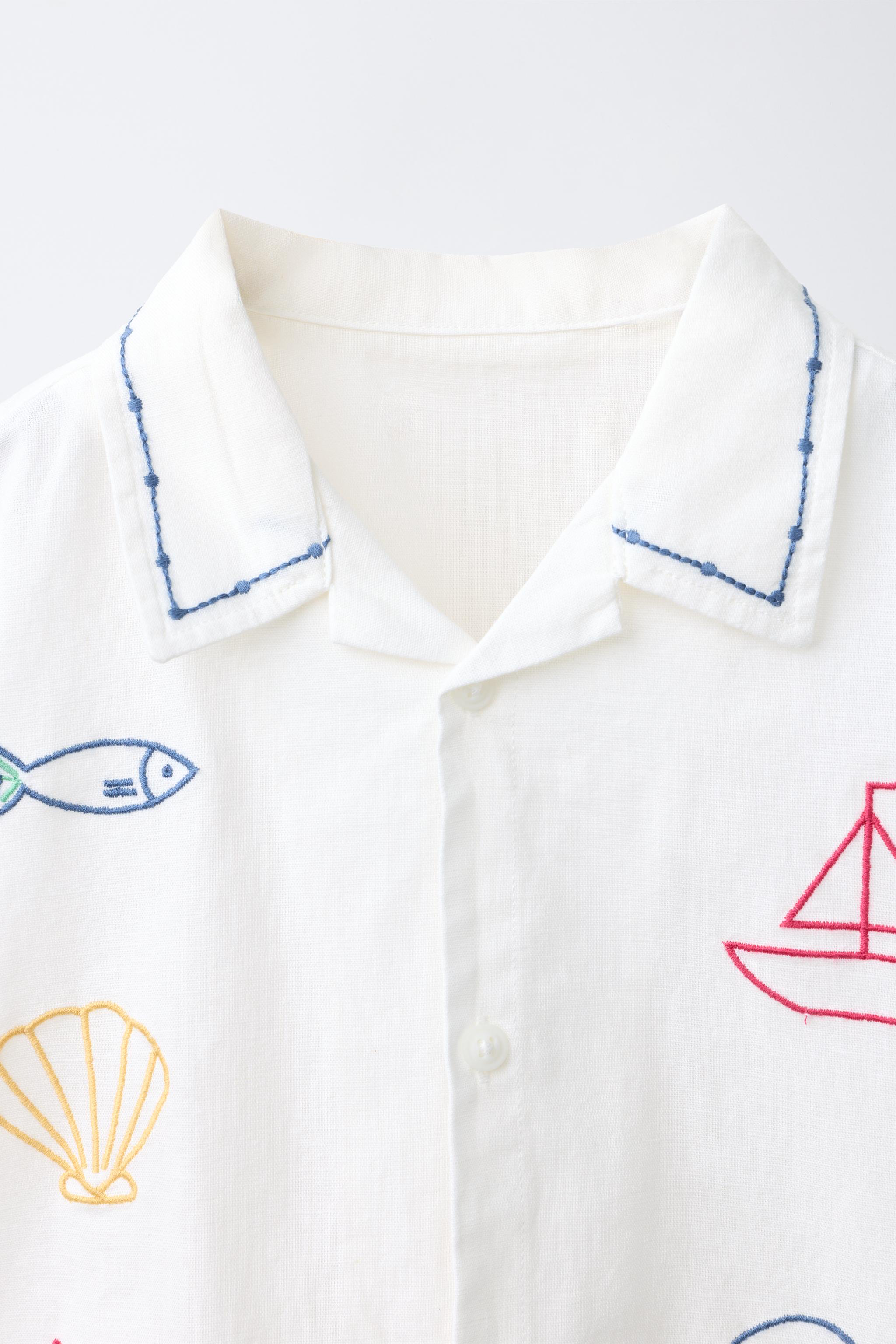 CHEMISE BRODERIES CONTRASTE COTON ET LIN