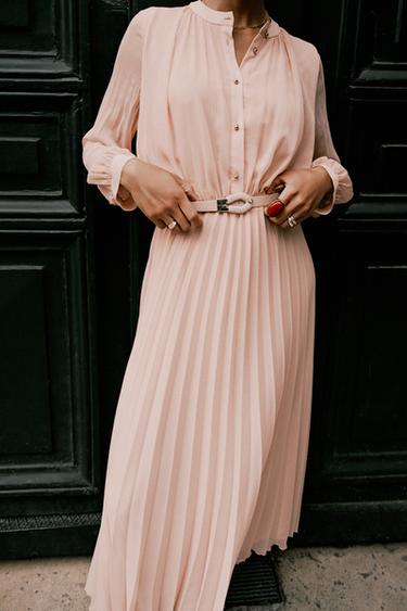 ROBE MIDI PLISSÉE CEINTURE - Beige rosé de Zara - Image 5