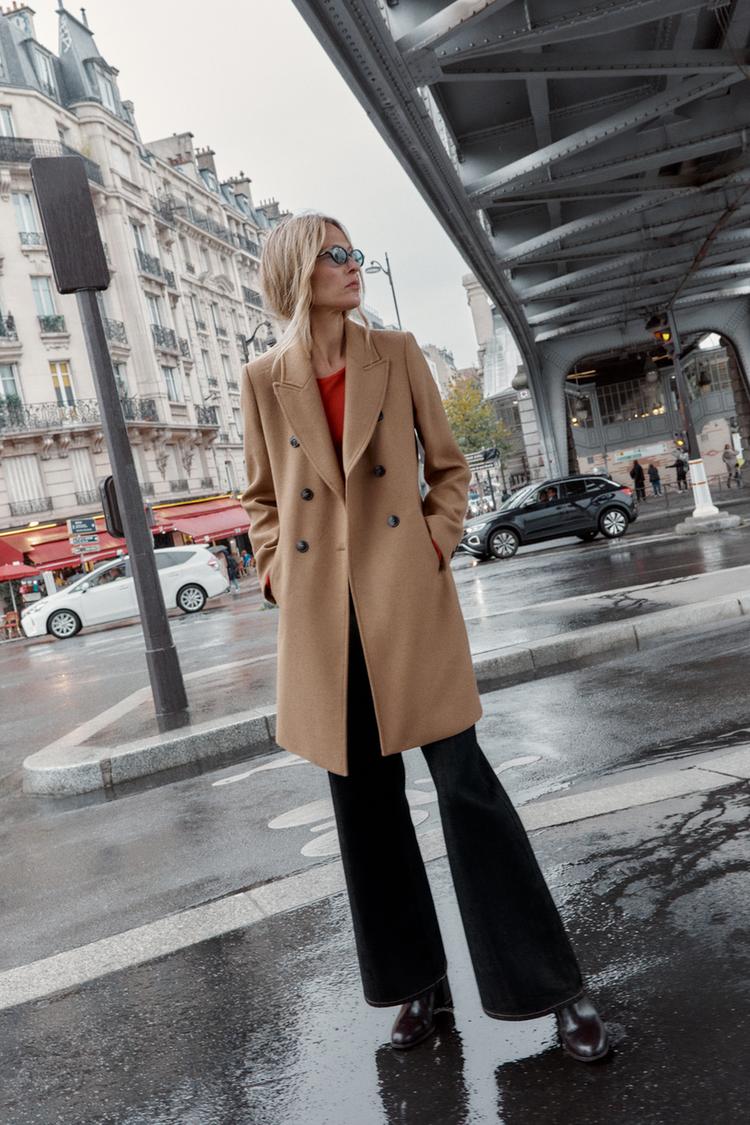 DOUBLE-BREASTED COAT WITH SHOULDER PADS camel ZARA India