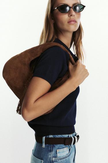 Zara FRINGED SPLIT LEATHER SHOULDER BAG - Chocolate