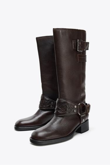 LEATHER FLAT EMBROIDERED BOOTS - Brown by Zara - Image 1