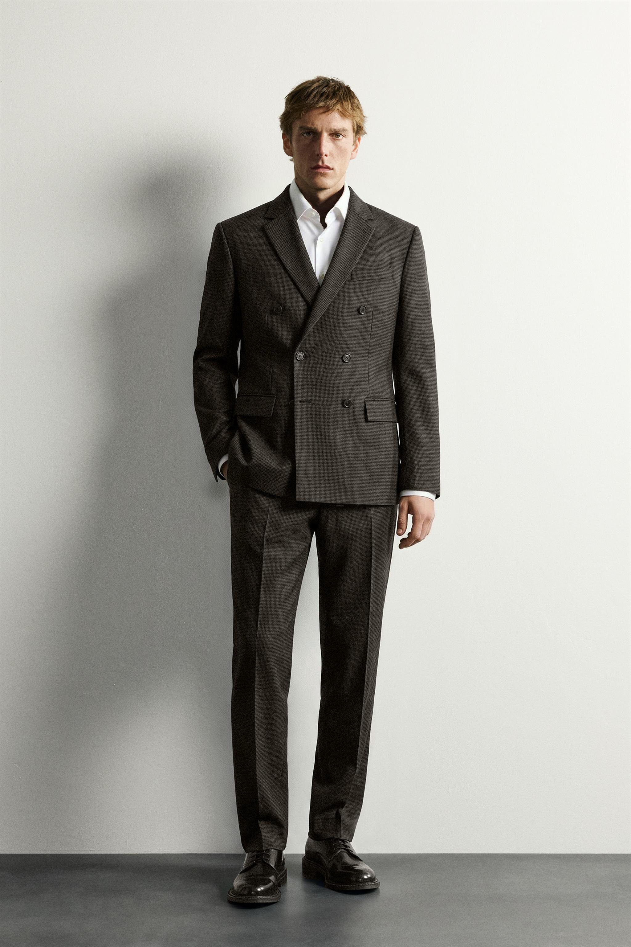 WOOL-BLEND HOUNDSTOOTH DOUBLE-BREASTED SUIT BLAZER