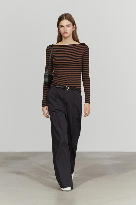 Zara 100% cotton striped boat neck T-shirt - Brown / Taupe - Image 0