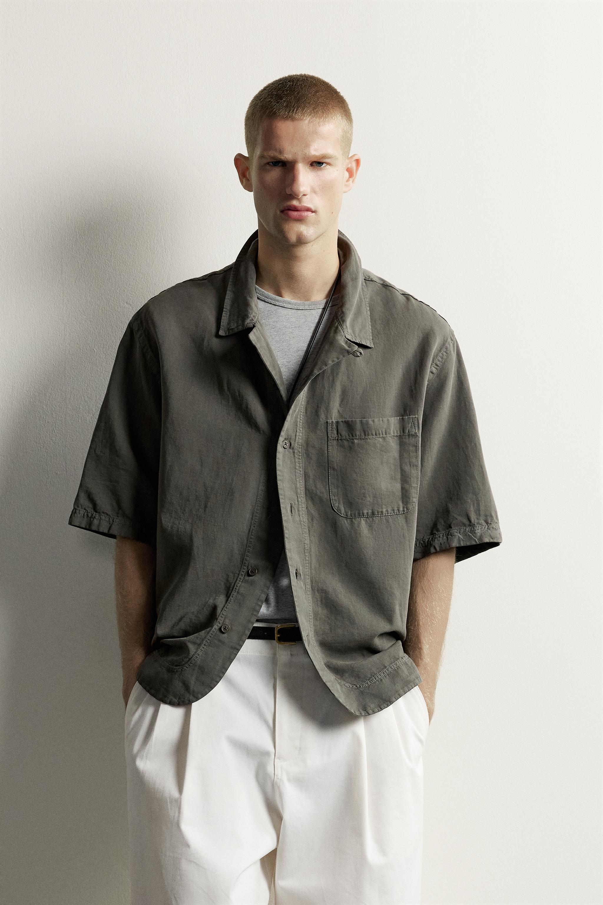 WASHED COTTON-LINEN SHIRT — DARK KHAKI