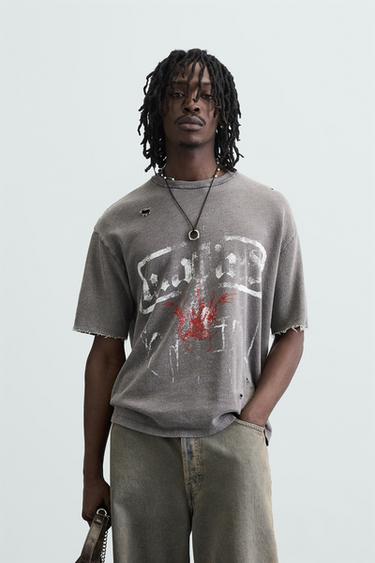 WASHED PRINT KNIT T-SHIRT - Anthracite Grey by Zara